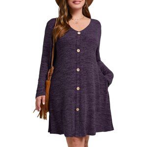 Plus Size Women's Swing Dress Rayon Polyester Spandex V-Neck Pockets